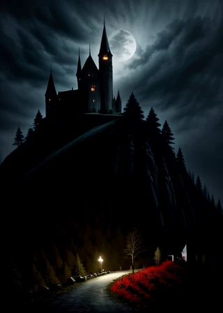 A gothic castle above a moonlit precipice